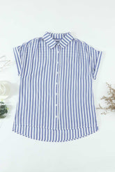 Women's Fashion Stripe Print Shirt Short Sleeve Button Down Loose Lightweight Blouse Top Sai Feel
